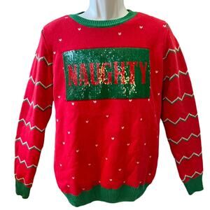 To Be Jolly NAUGHTY OR NICE Changeable Sequin Ugly Christmas Sweater Size Med